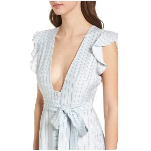 Storee Blue White Stripe Button Front Tie Waist Plunging Midi Flutter Dress S - Picture 2 of 11